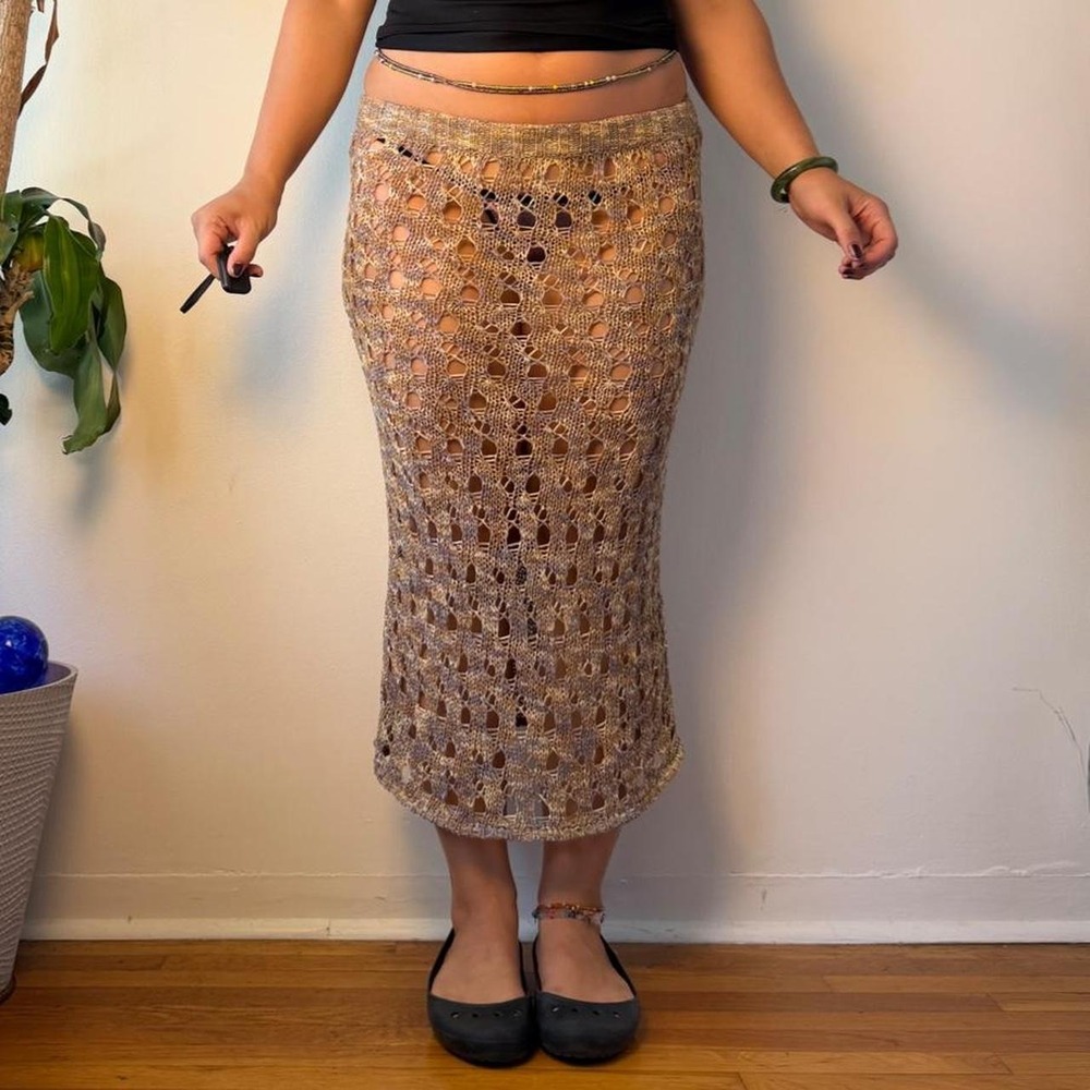 The Ragged Priest Brown Tan Lavender Crochet Midi Skirt Beach Coverup Size 10